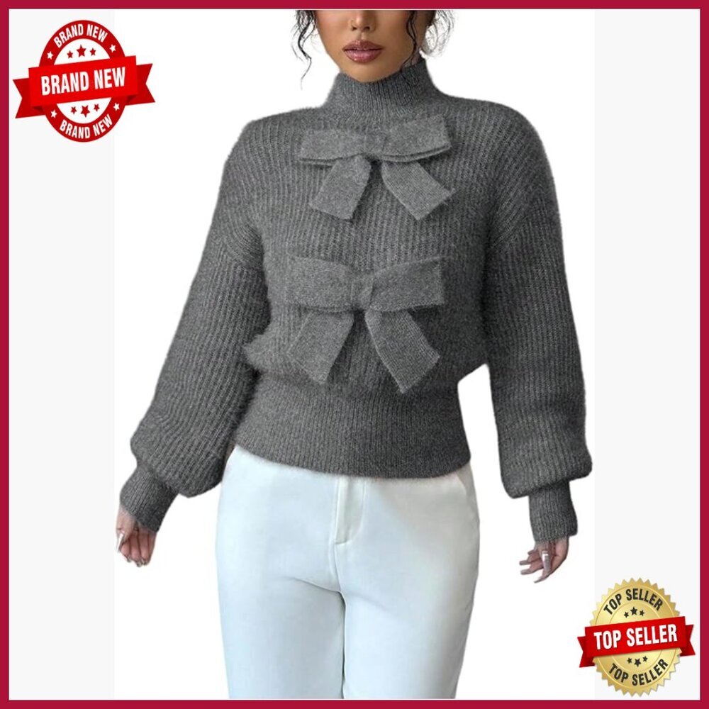 Fuzzy High Neck Pullover Sweater with Bow Detail Long Sleeve Tops